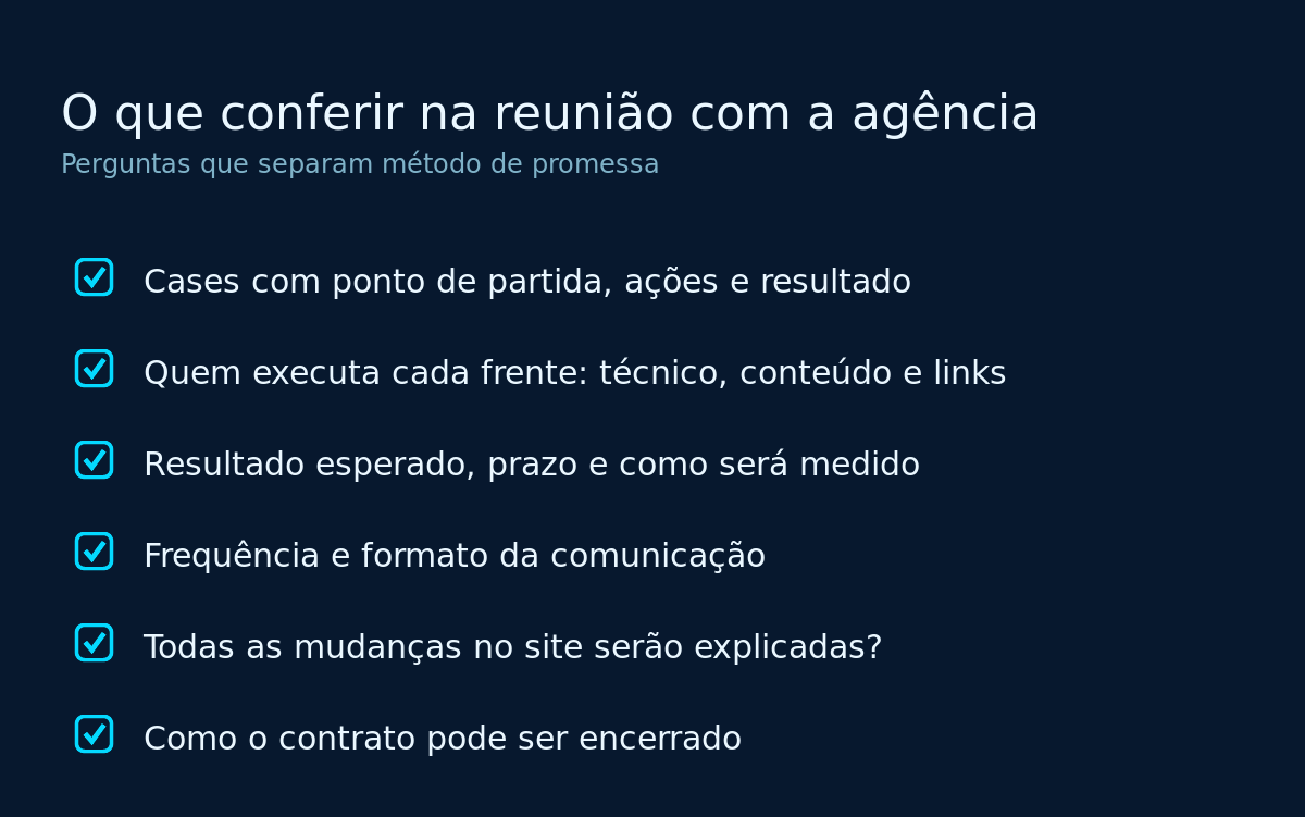 Checklist de perguntas para fazer a uma agência de SEO na reunião de pré-contratação