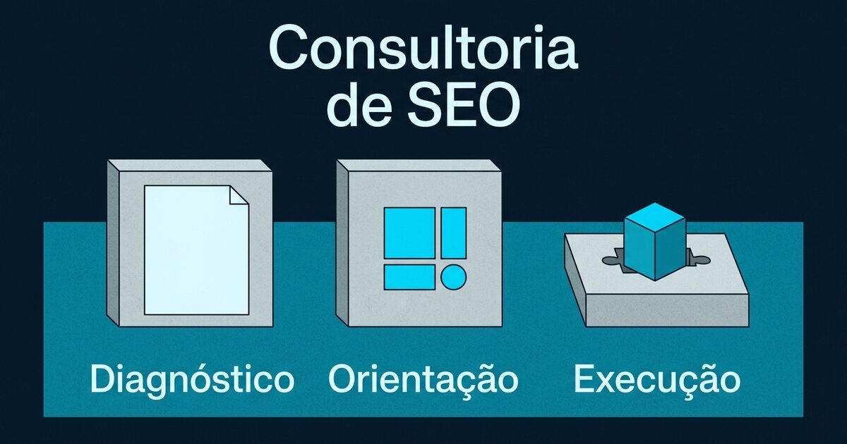 Blocos distintos representam diagnóstico, orientação e execução de um projeto de SEO