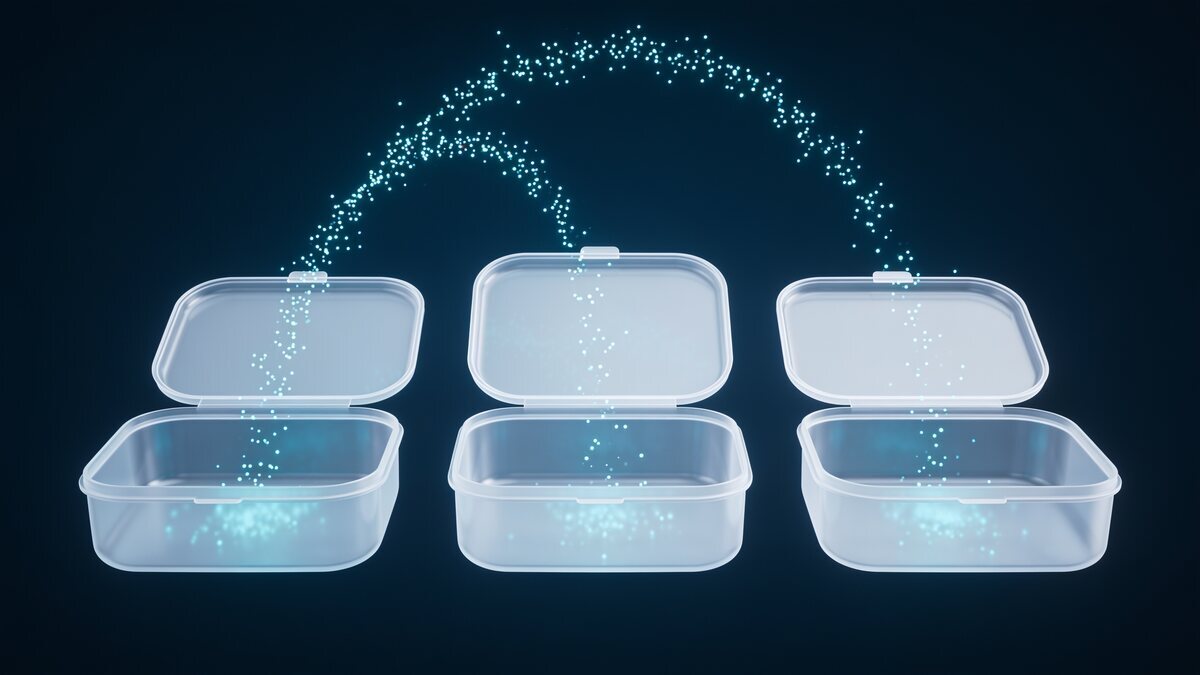 Três recipientes translúcidos recebendo partículas luminosas, representando a coleta e a medição de leads
