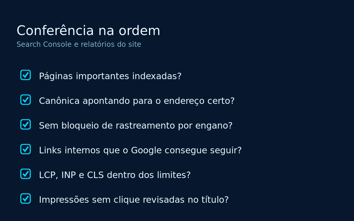Checklist de verificação de indexação, links internos e Core Web Vitals no Search Console