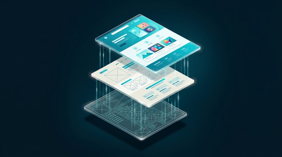 Três camadas translúcidas empilhadas representando estrutura, conteúdo e interface de um site
