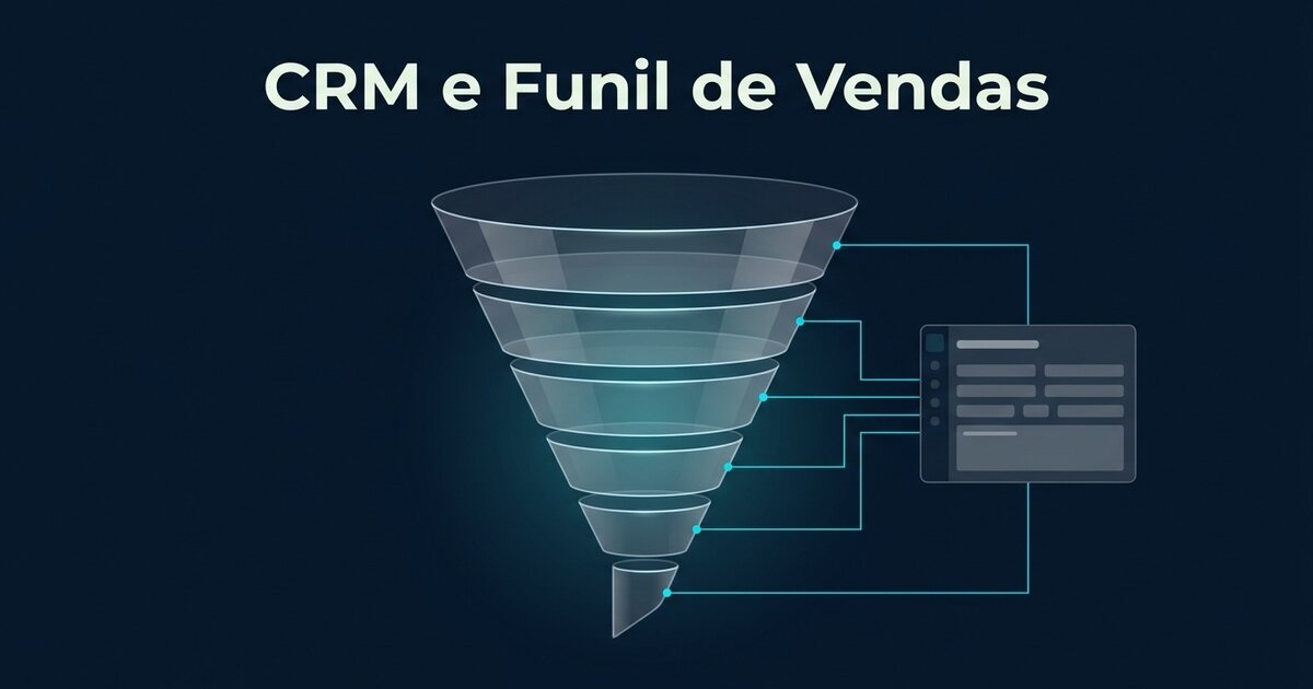 Representação conceitual de um CRM com etapas de funil alinhadas, em tons de azul-petróleo e ciano