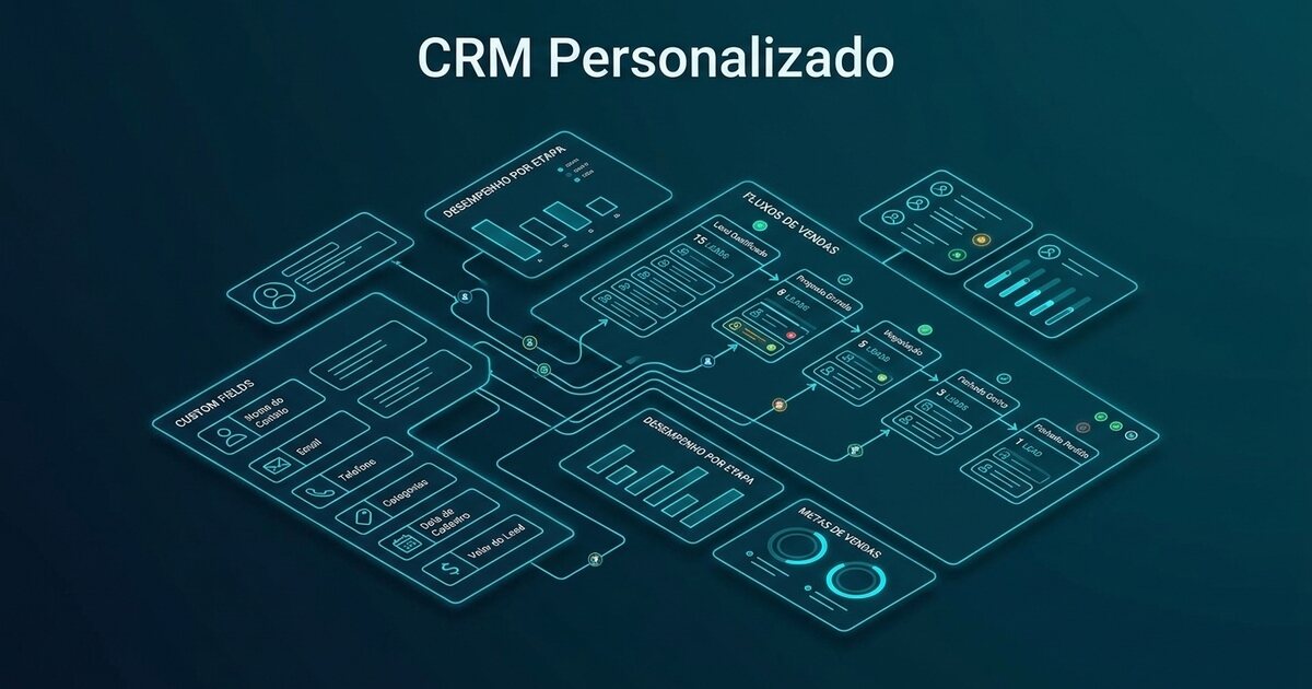 Painel de CRM com campos e fluxos customizados em perspectiva