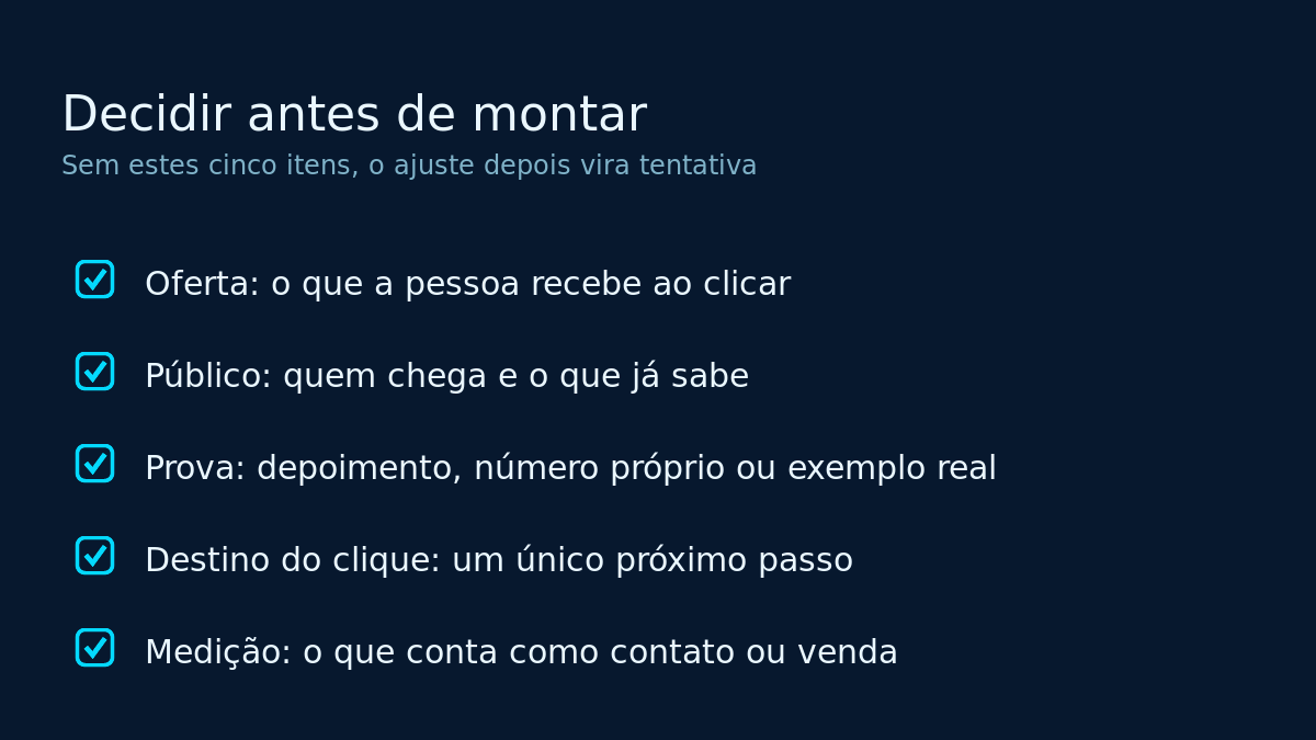Checklist dos cinco itens que precisam estar decididos antes de montar a página de vendas