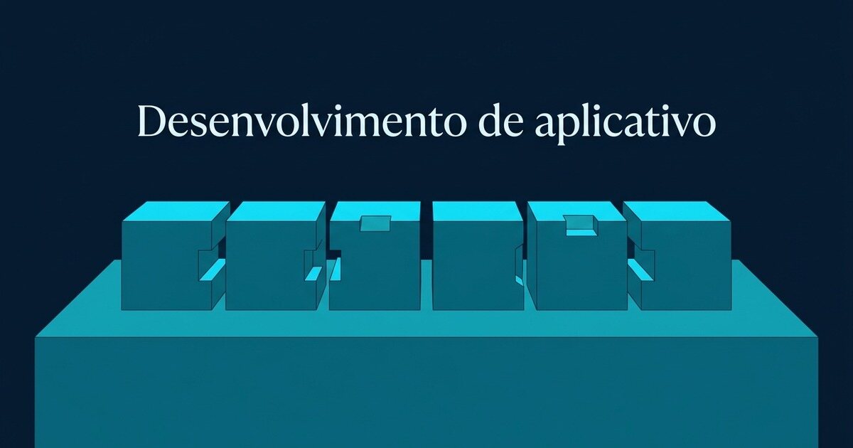 Blocos sólidos representando etapas de um projeto de aplicativo, ligados em sequência sobre uma superfície azul-petróleo