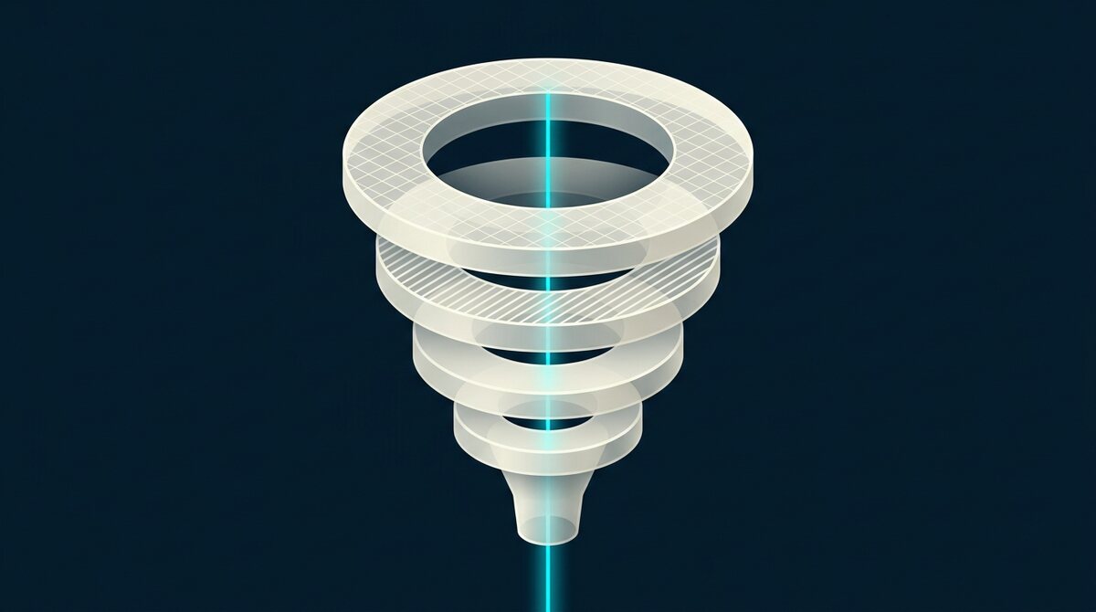 Ilustração de um funil em camadas translúcidas, estreitando do topo para a base, com feixes de luz finos entre as camadas
