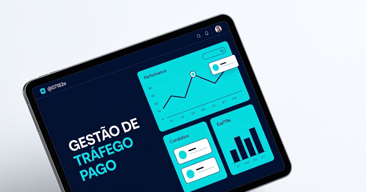 Ícone de painel de controle analítico sobre fundo azul-petróleo, com gráficos de desempenho de campanhas de tráfego pago