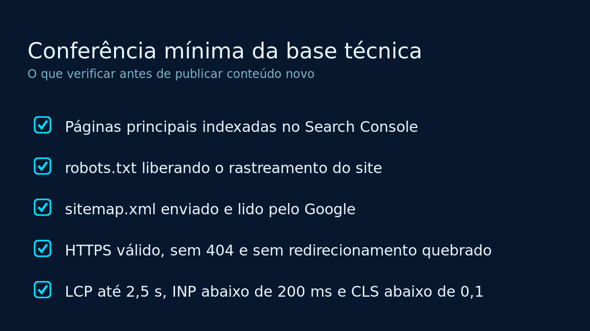 As cinco conferências da base técnica: indexação, rastreamento, HTTPS, erros e velocidade