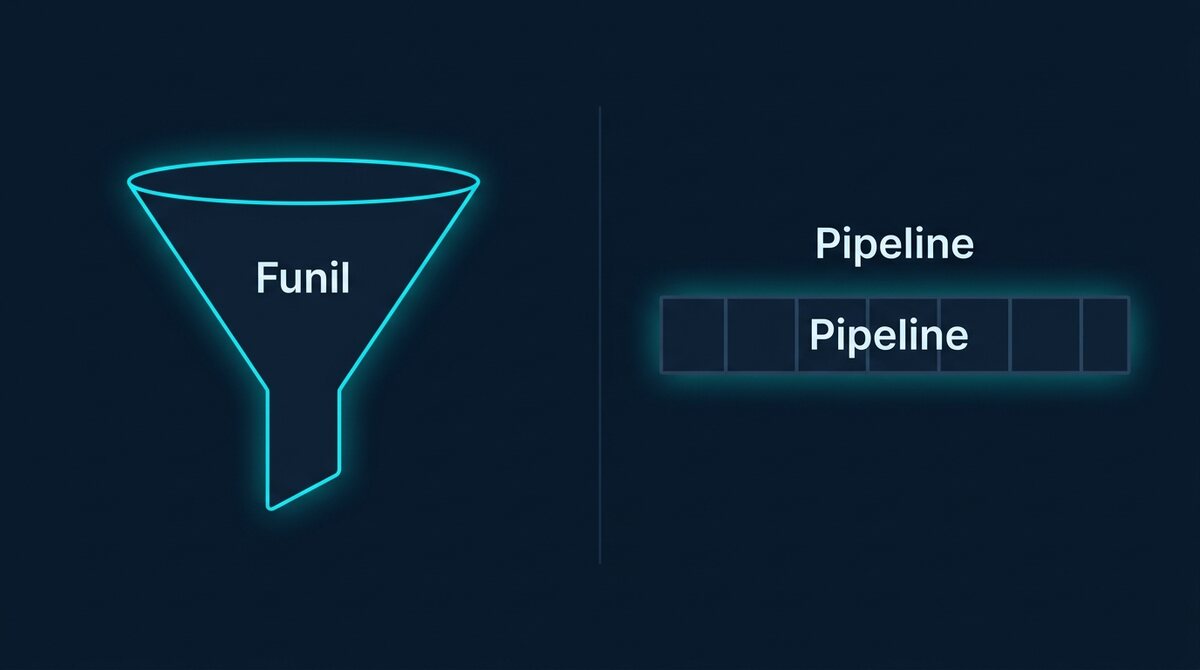 Comparação visual entre funil e pipeline: forma cônica versus blocos encadeados em sequência