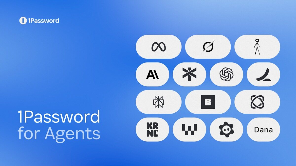 Banner oficial do 1Password for Agents: fundo azul-escuro com o título 1Password for Agents em branco e uma grade de logos de parceiros, entre eles Meta Muse, Anthropic, OpenAI e Grok Bot.