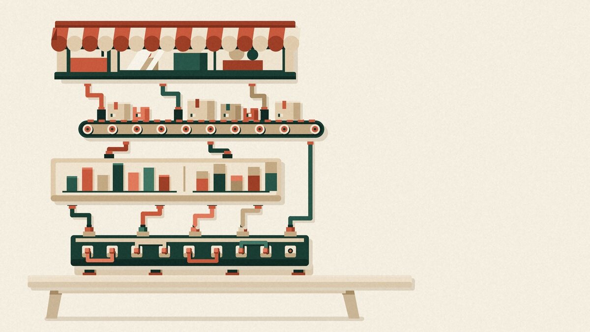 Loja desmontada em camadas sobre uma mesa, com a vitrine separada da logística e dos dados