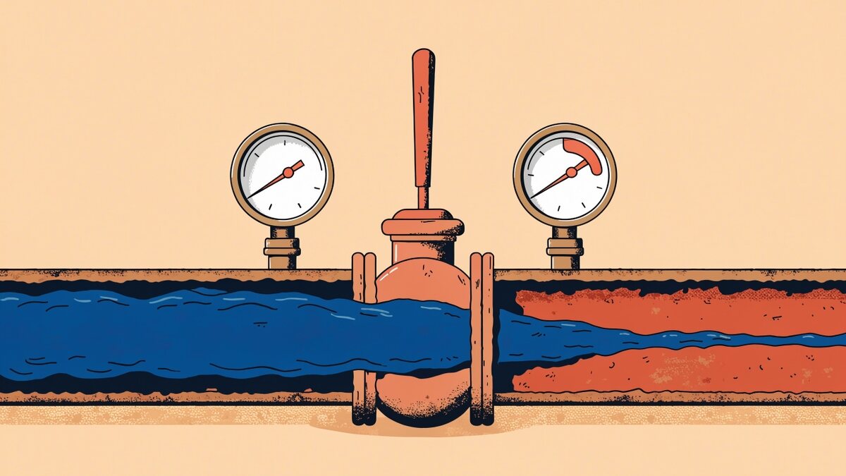Ilustração de tubulação com um registro parcialmente fechado e um manômetro marcando a queda de pressão, com o fluxo reduzido depois do ponto de estrangulamento