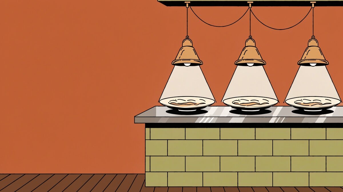 Três pratos fundos de cerâmica sobre um balcão de inox, cada um sob a luz de uma lampânea cônica de latão, com parede de azulejo verde-oliva ao fundo e a metade esquerda da cena vazia