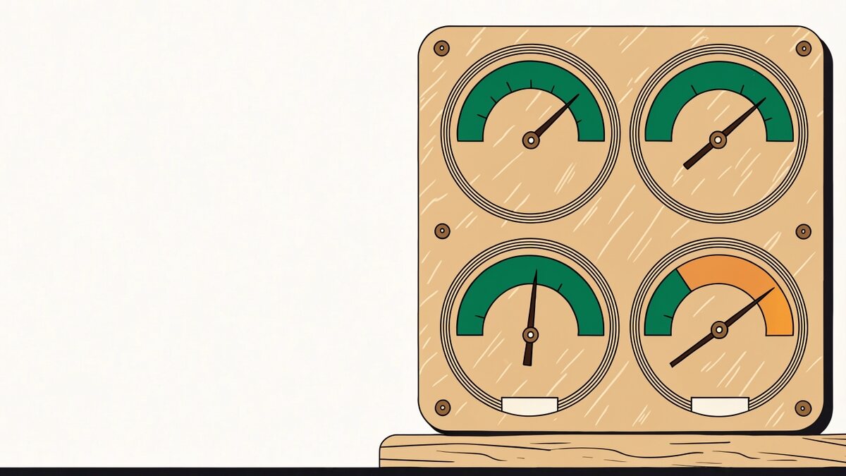 Painel de instrumentos com quatro mostradores independentes sobre uma mesa de trabalho, um deles fora da faixa segura