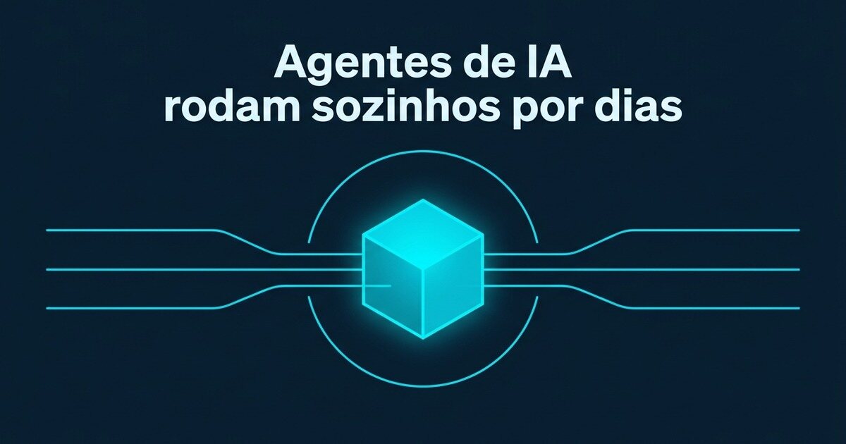 Bloco geométrico ciano representando um agente de IA operando sozinho entre camadas de dados no fundo azul-petróleo