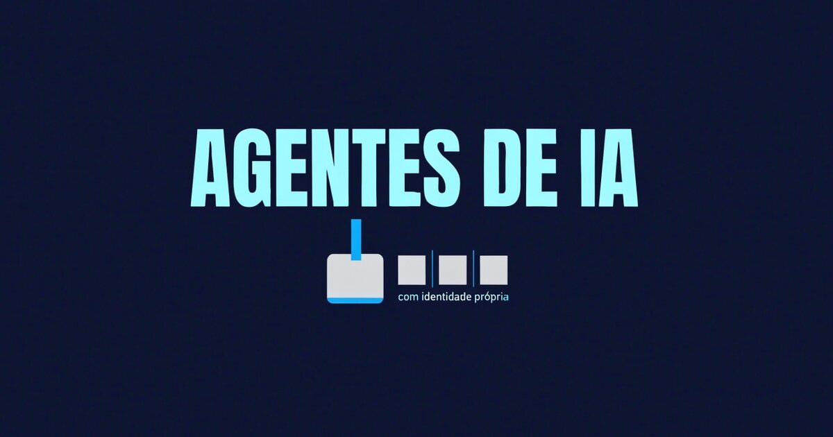Crachá de identificação iluminado em ciano sobre fundo azul-escuro, com o texto Agentes de IA na arte