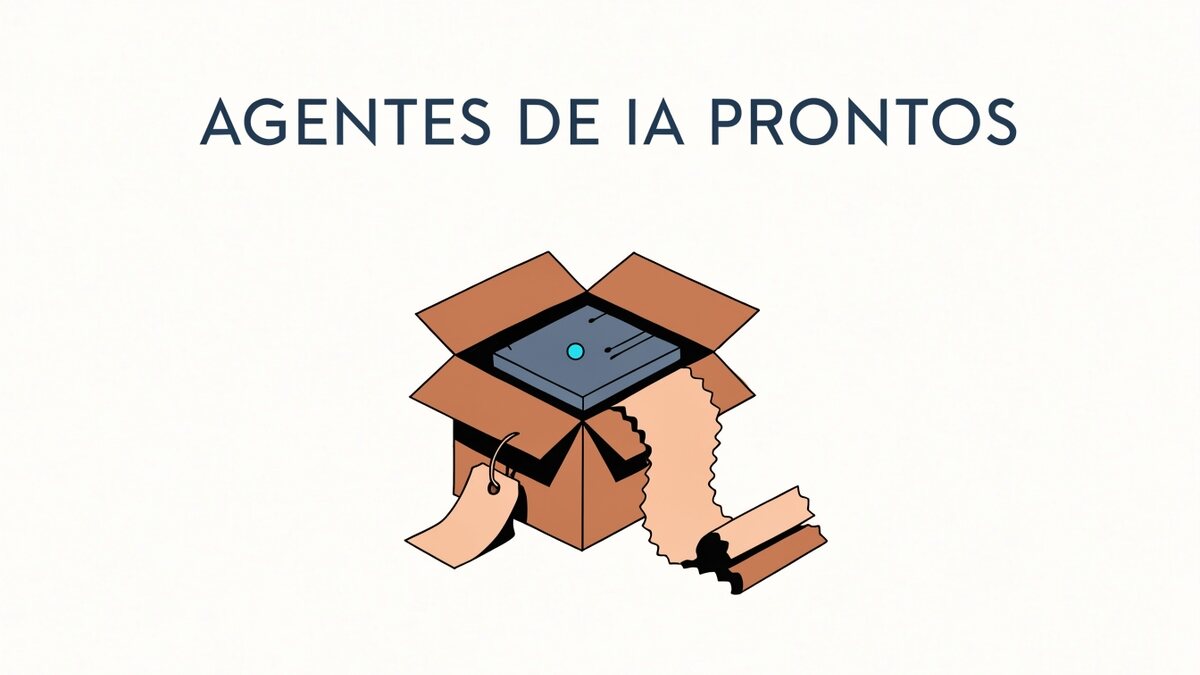 Ilustração vetorial chapada com o título AGENTES DE IA PRONTOS no topo e, abaixo, uma caixa de papelão aberta com um módulo de circuito cinza-azulado e luz ciano dentro, etiqueta de preço pendurada na lateral e um recibo longo saindo da caixa sobre a mesa.