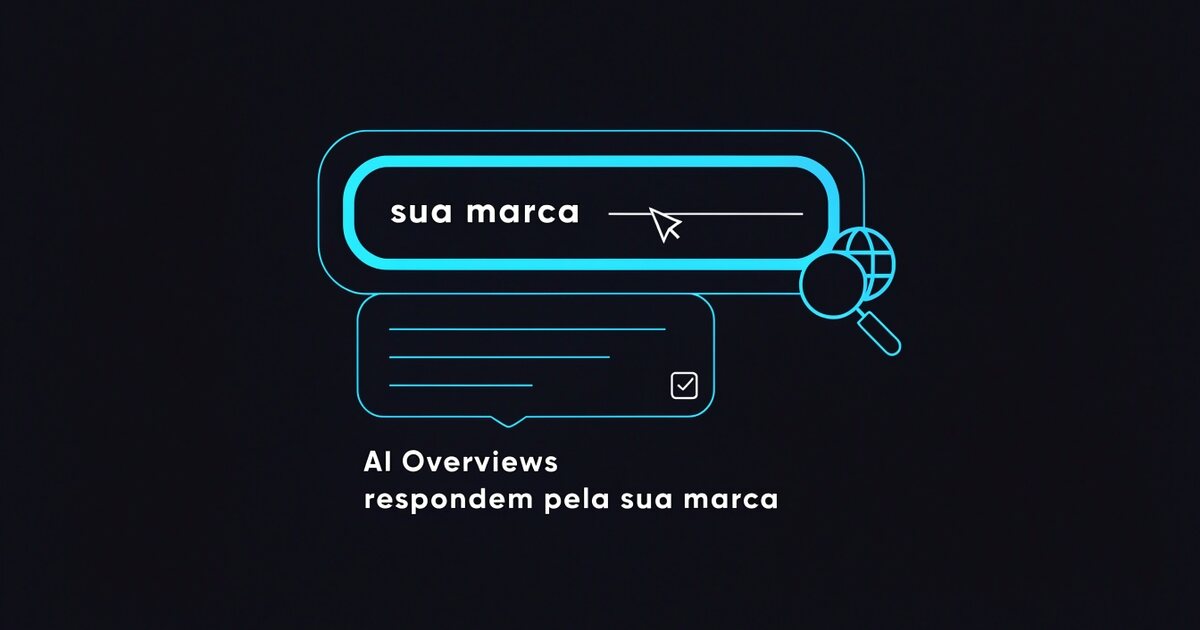 Campo de busca com o nome de uma empresa digitado e, acima dos resultados, um cartão de resposta de IA sob o título AI Overviews