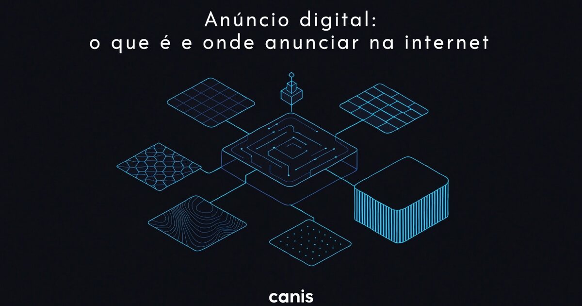 Ilustração de um painel de anúncio conectado por linhas de ciano a painéis menores que representam busca, sites, vídeo, redes sociais e mapa local