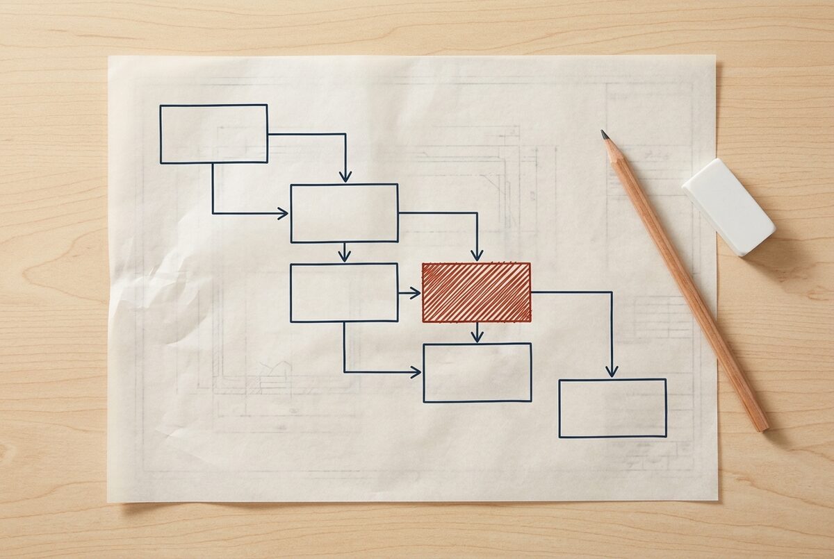 Planta de uma operação comercial em papel vegetal sobre uma mesa: o fluxo desenhado a lápis em etapas retangulares e um trecho hachurado no meio do caminho