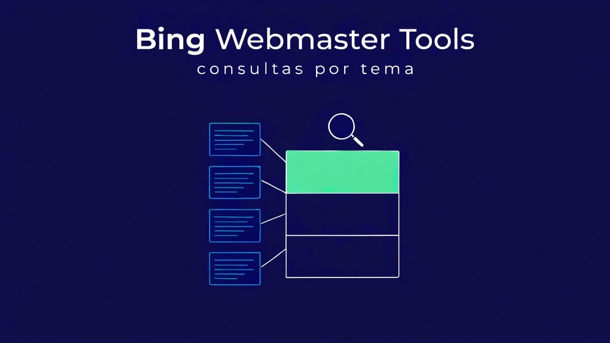 Ilustração com o título Bing Webmaster Tools e consultas de busca agrupadas em blocos de tema ligados a um painel