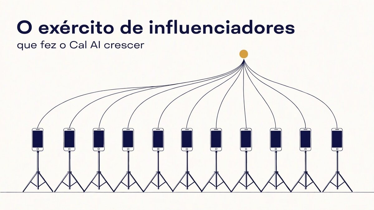 Ilustração de fileiras de tripés com celulares de tela vazia em formação, cada um com uma linha que sobe e converge para um ponto dourado, sob o título O exército de influenciadores