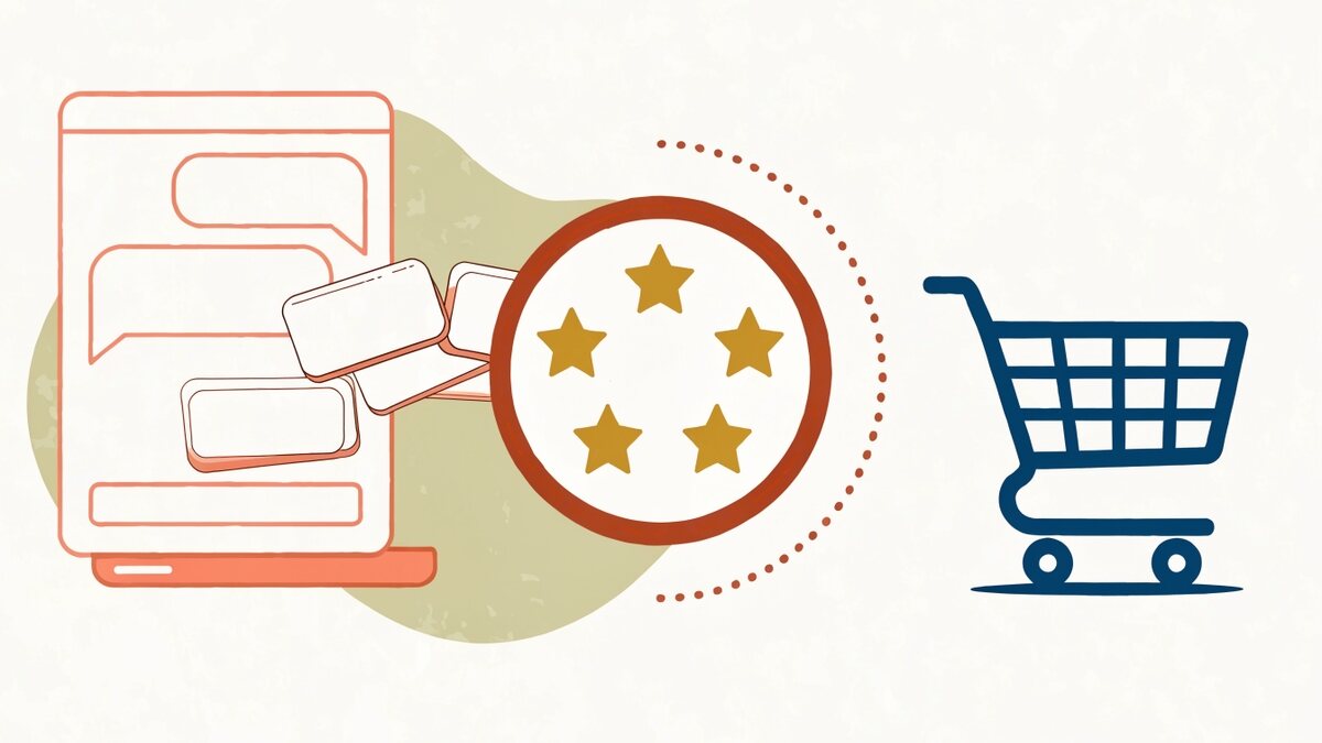 Ilustração vetorial chapada: à esquerda, um celular com uma janela de conversa estilizada, de onde saem cartões de produto em direção a um carrinho de compras, à direita; no meio do caminho, um selo grande de cinco estrelas funciona como portão, e uma trilha pontilhada mostra que os cartões passam pelo selo antes de chegar ao carrinho.