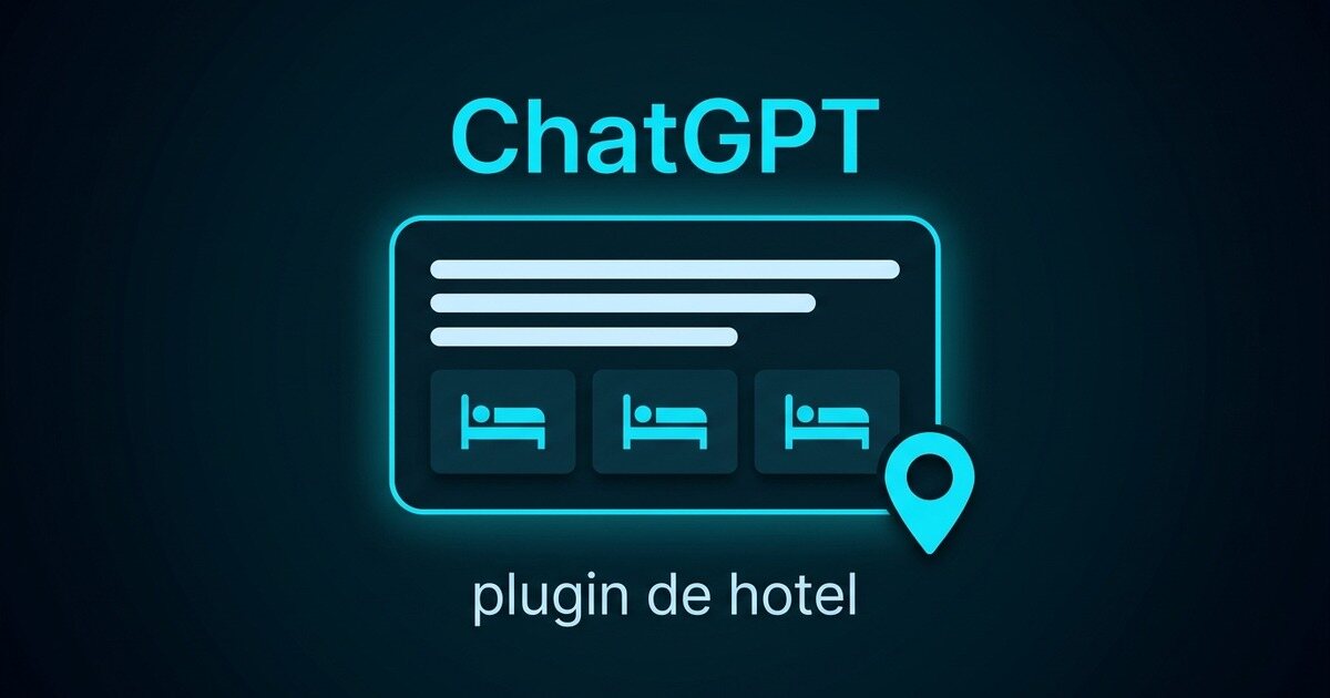 Painel de conversa com linhas de texto no topo, três cartões de hotel com ícone de cama e um pino de mapa ciano ao lado
