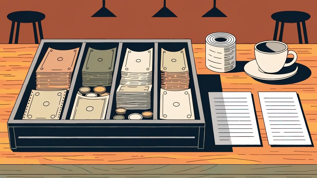 Ilustração vetorial chapada de um balcão de restaurante no fechamento: gaveta de caixa aberta com notas separadas em compartimentos e moedas, dois documentos com linhas ao lado, rolo de comprovantes e xícara de café sobre a bancada de madeira, com banquetas e luminárias pendentes ao fundo.