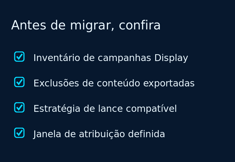 Checklist com quatro itens para avaliar antes de migrar as campanhas de Display para o Demand Gen