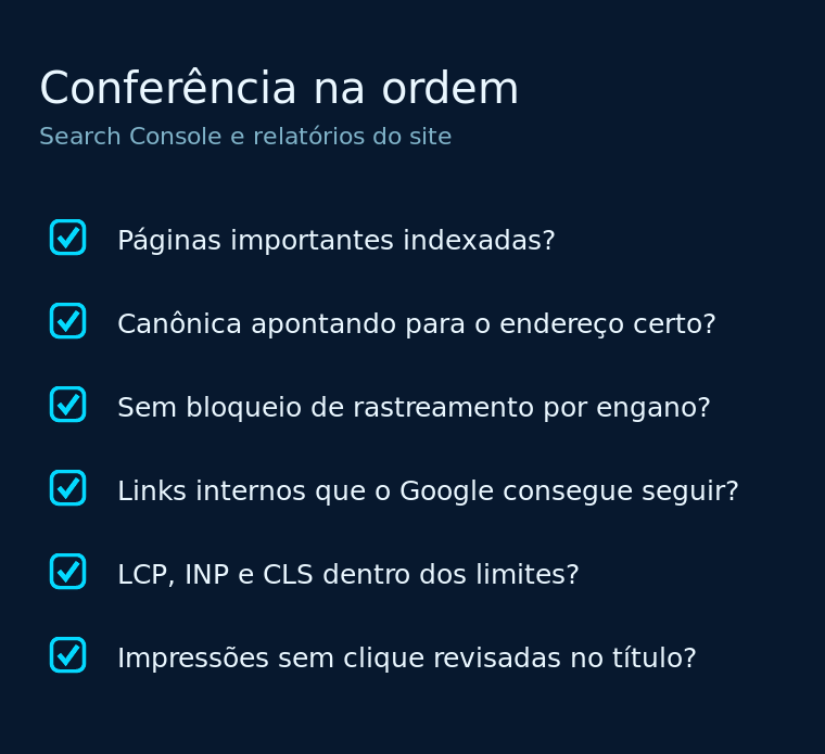 Checklist de verificação de indexação, links internos e Core Web Vitals no Search Console
