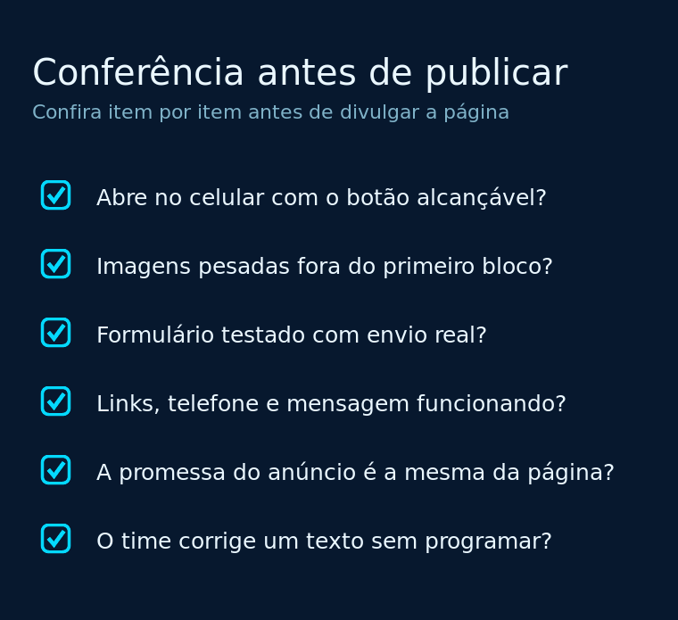 Checklist de conferência antes de publicar uma página de vendas