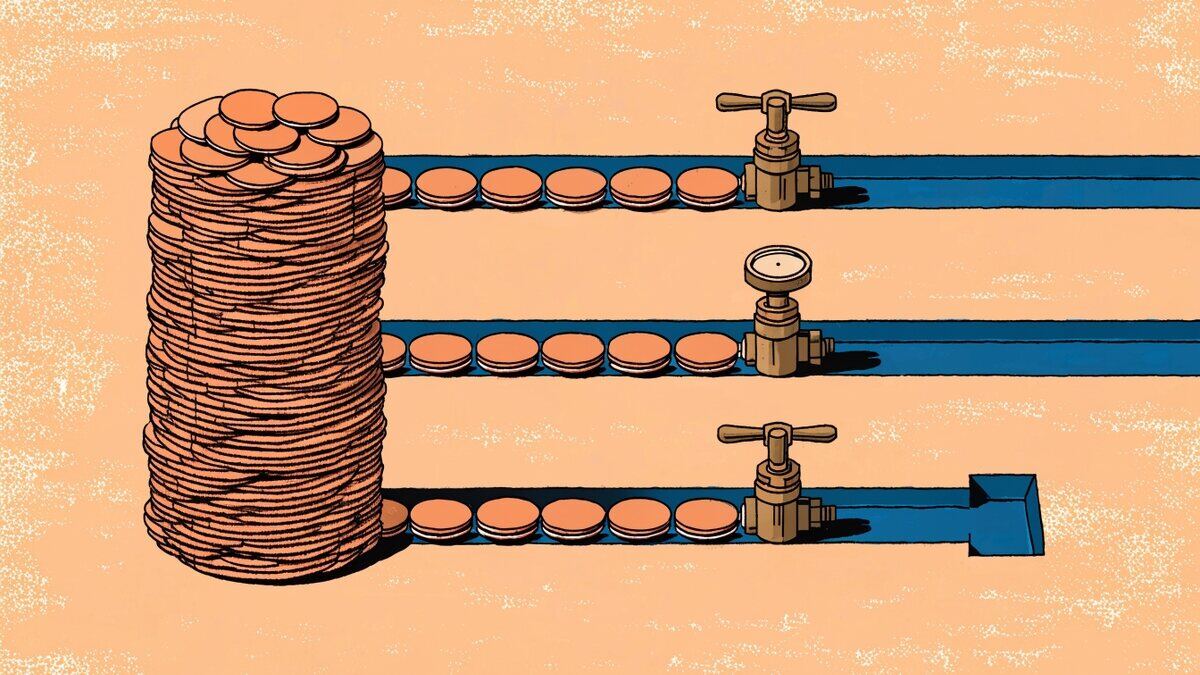 Ilustração de uma pilha de fichas sobre uma mesa dividida em três caminhos de larguras diferentes, cada um com um medidor de vazão próprio