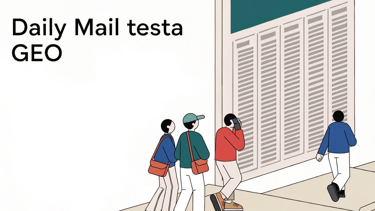 Ilustração flat de uma página de jornal gigante afixada num painel de rua, com quatro pessoas em volta: duas olham para a página, uma gesticula e uma passa de costas, com o celular na mão; no alto à esquerda, o texto Daily Mail testa GEO.