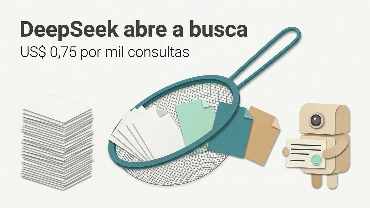 Ilustração em papel recortado sobre fundo bege: à esquerda, uma pilha alta de folhas brancas idênticas; ao centro, uma peneira inclinada de aro verde-petróleo retém as folhas repetidas e deixa passar três folhas coloridas; à direita, um pequeno robô de papelão com uma lente única segura um cartão de resultado com um selo verde; no alto, à esquerda, o título DeepSeek abre a busca e a linha US$ 0,75 por mil consultas.