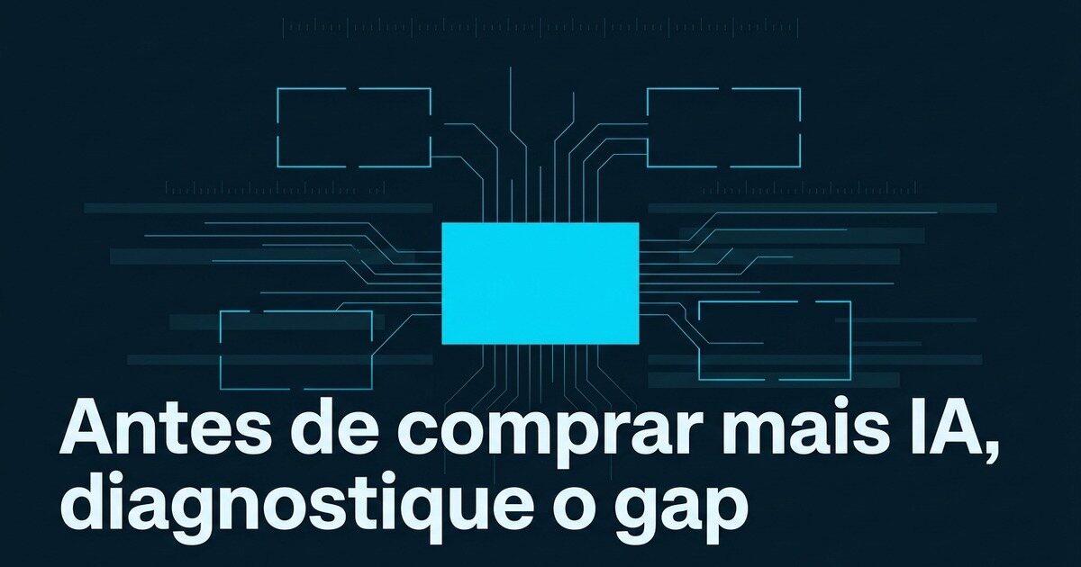 Diagrama abstrato em fundo azul-petróleo mostrando quatro lacunas de diagnóstico entre a adoção de IA e a decisão de negócio