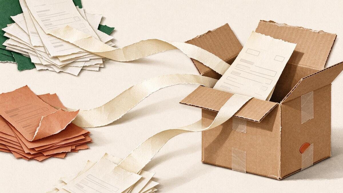 Colagem de três pilhas de pedidos ligadas por fitas de papel a uma única caixa de envio