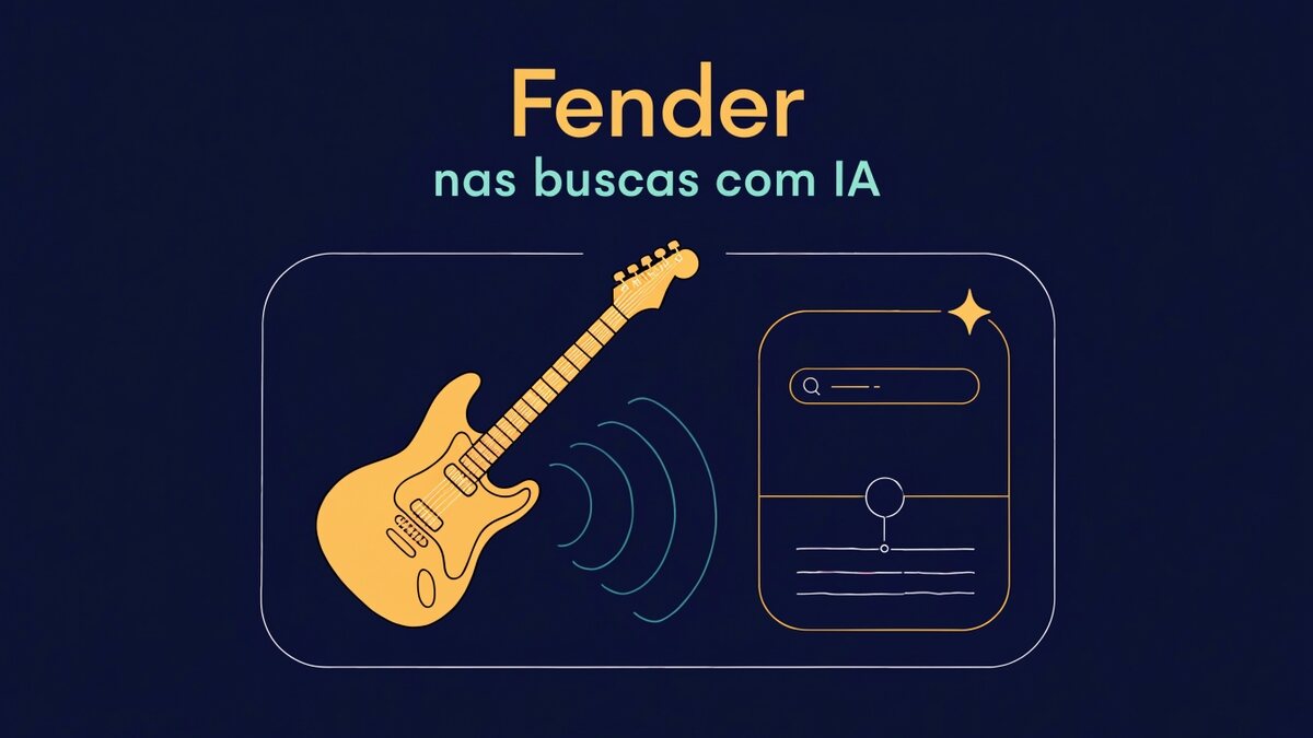 Ilustração com uma guitarra elétrica ao lado de um cartão de resposta de IA com linhas e nó de circuito, ligados por ondas sonoras sobre fundo azul-escuro