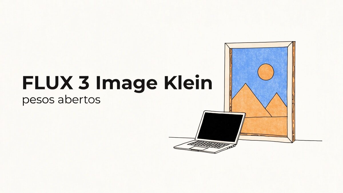 Ilustração de um laptop aberto de tela vazia ao lado de um quadro emoldurado com uma paisagem chapada de sol e montanhas, sob o título FLUX 3 Image Klein, pesos abertos