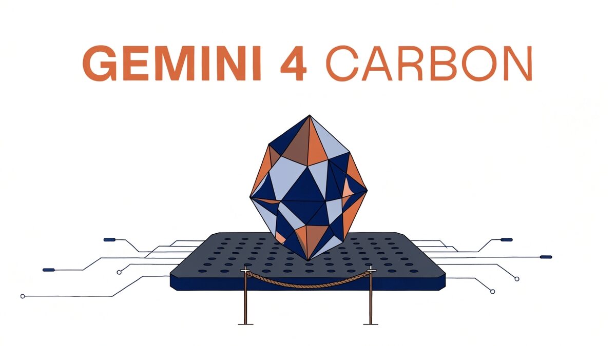 Ilustração vetorial chapada com o título GEMINI 4 CARBON no topo e, abaixo, um cristal facetado sobre um chip escuro com trilhas de circuito, protegido por uma barreira de cordão entre dois postes.