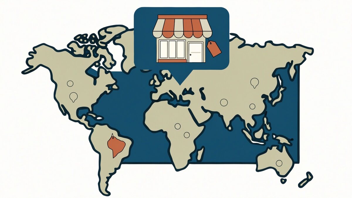 Ilustração vetorial chapada: mapa-múndi estilizado em azul-petróleo sobre fundo creme, com o Brasil destacado em terracota e, sobre o mapa, um balão de conversa escuro com a fachada de uma loja de toldo listrado e uma etiqueta de preço pendurada na lateral.