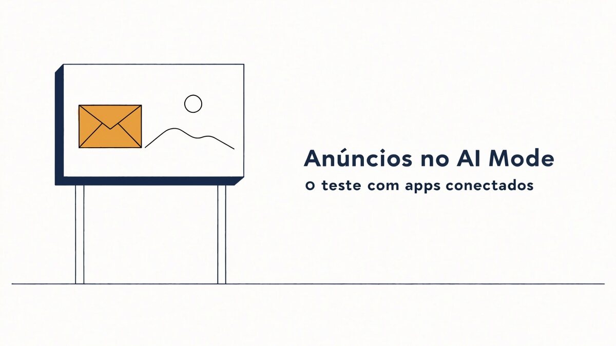 Ilustração em papel e tinta: à esquerda, um outdoor de rua claro com um painel que reúne um envelope âmbar e uma fotografia de paisagem mínima; à direita, o título Anúncios no AI Mode e a linha o teste com apps conectados