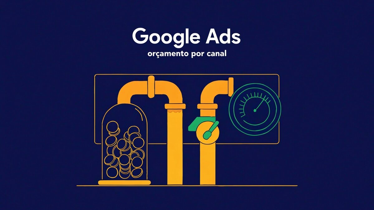 Ilustração com o título Google Ads e um fluxo de orçamento dividido entre dois canais de anúncio, um deles com registro que limita a vazão