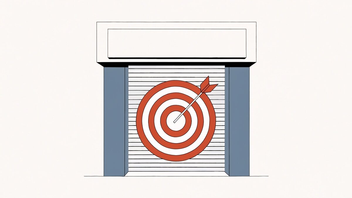 Ilustração vetorial chapada: fachada simétrica de uma loja pequena com a porta de enrolar metálica fechada e um alvo de arco e flecha pintado no centro, com uma flecha cravada no miolo.