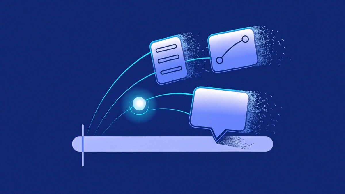 Ilustração flat de uma barra de busca com cursor, ligada por rastros de luz ciano a três cartões translúcidos — documento, gráfico e balão de conversa — com bordas que se dissolvem em partículas; um orbe luminoso marca o ponto de convergência.