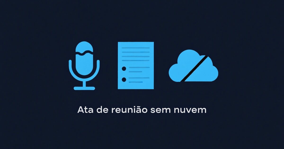 Documento de ata com ondas de áudio e uma nuvem riscada ao lado, sobre fundo azul-escuro