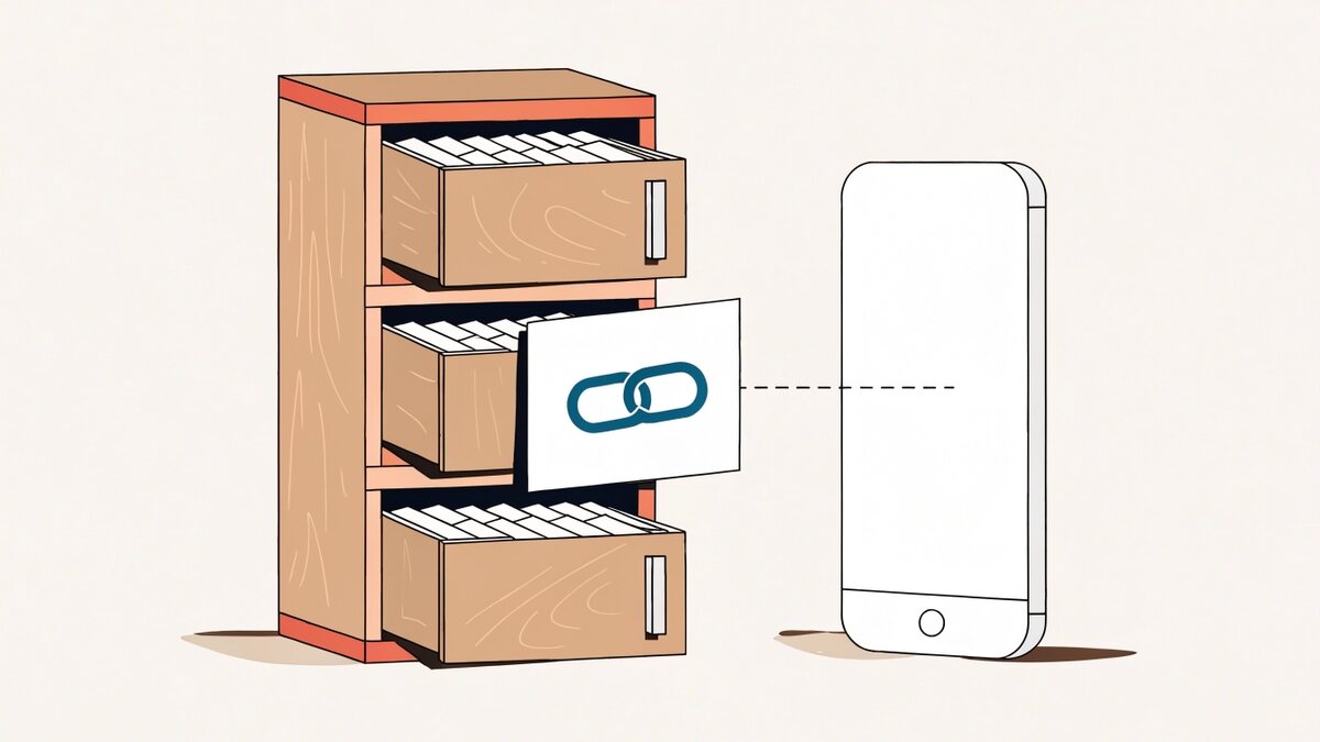 Ilustração vetorial chapada de um fichário de indexação com gavetas abertas e uma ficha com ícone de link saindo do fichário em direção a um celular.