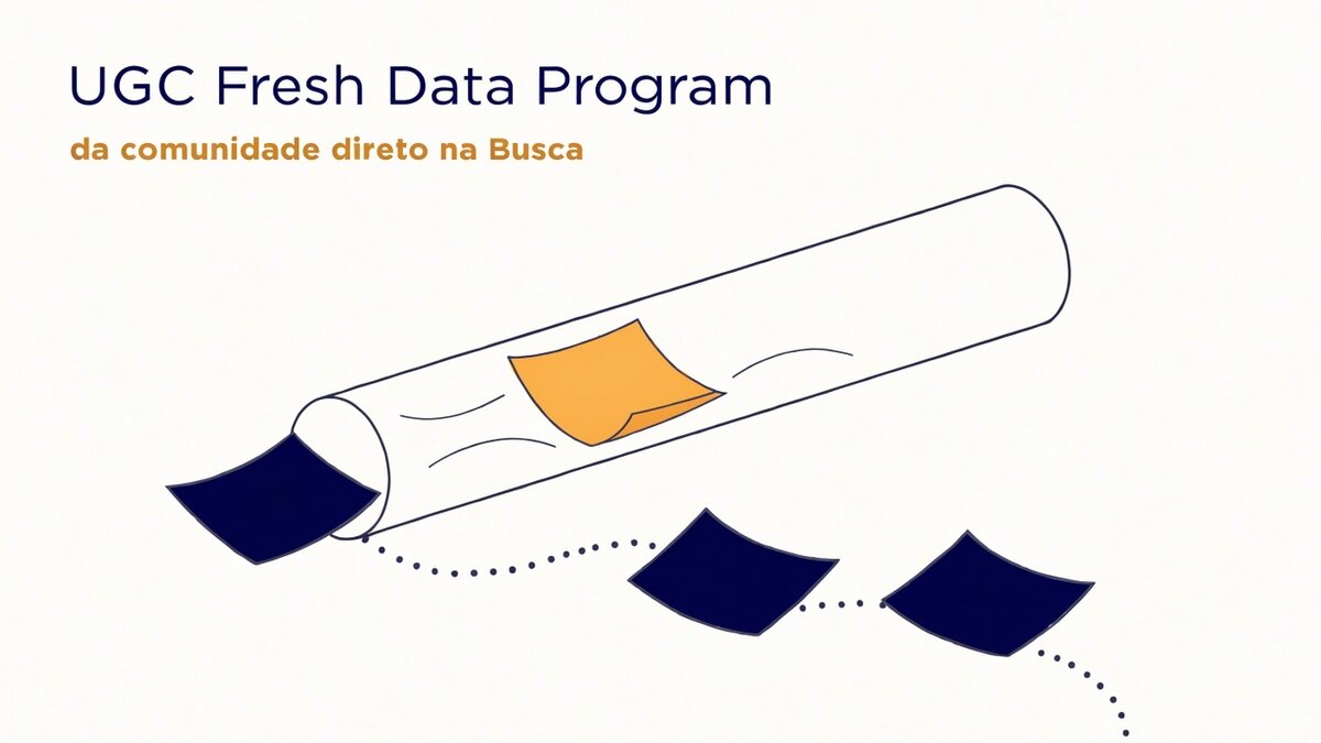 Ilustração em papel e tinta: um tubo reto e inclinado atravessa a cena com uma nota de papel âmbar deslizando dentro dele e outra entrando na boca do tubo; abaixo, uma trilha pontilhada e sinuosa tem duas notas de papel paradas, sob o título UGC Fresh Data Program e a linha da comunidade direto na Busca