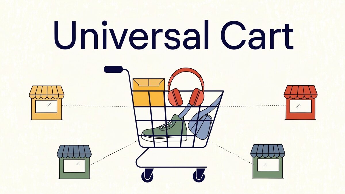 Ilustração de um carrinho de compras cheio de produtos variados, cercado por lojinhas de toldos coloridos ligadas ao cesto por linhas pontilhadas, sob o título Universal Cart