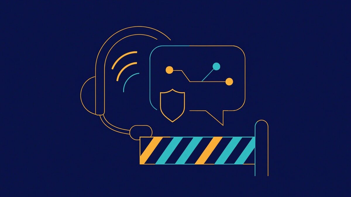 Ilustração com um headset de atendimento, um balão de conversa com escudo e uma barreira de catraca abaixada, sobre fundo azul-escuro
